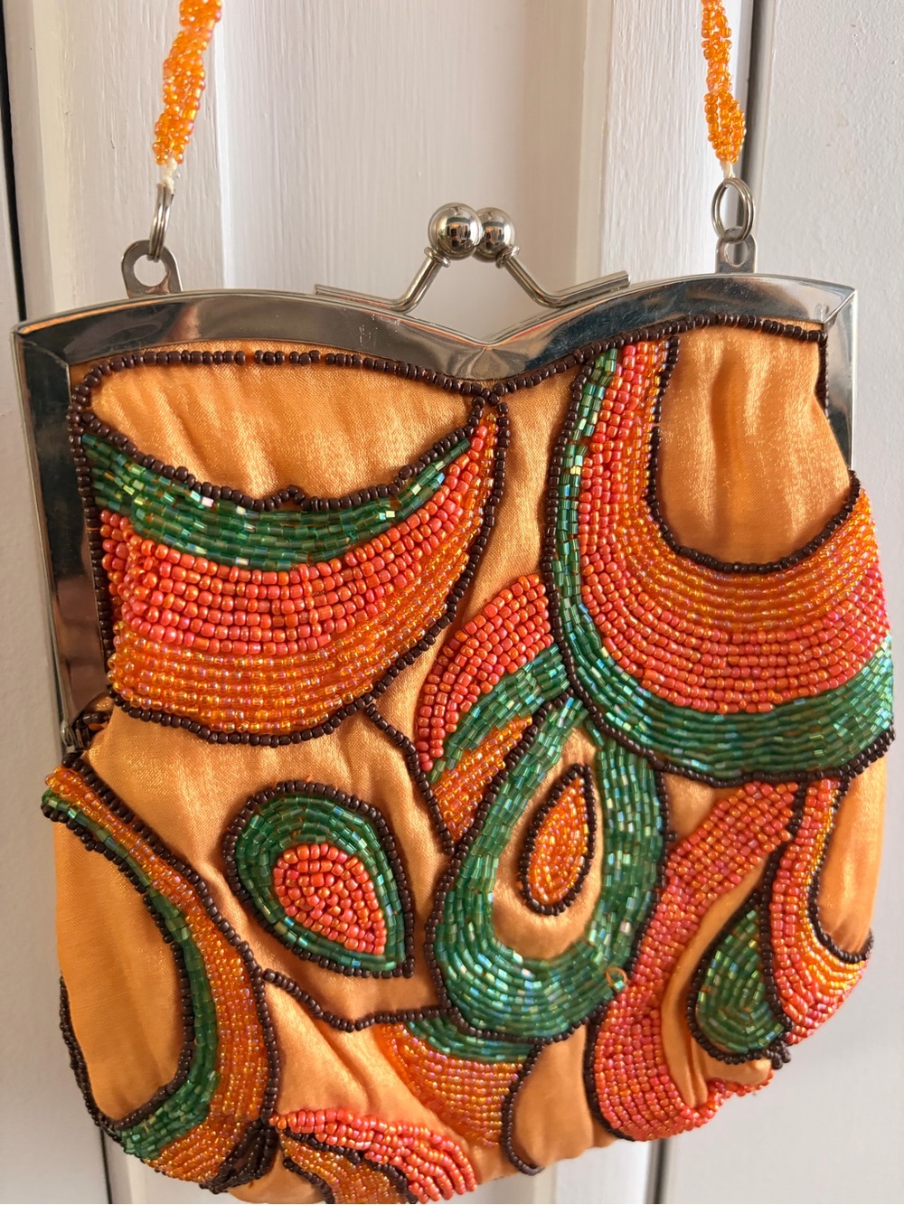 Hand-Beaded Orange Satin Clutch with Green Accents